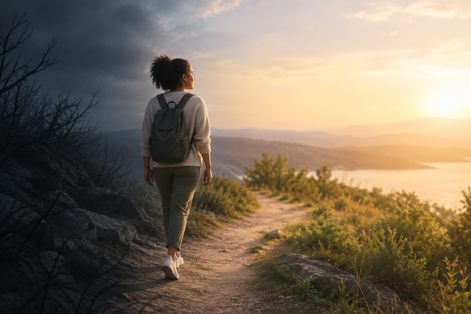 A woman walking a hillside trail from storm clouds toward the sunrise